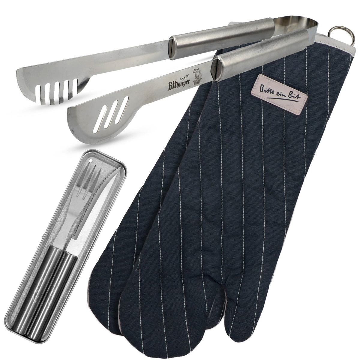 Bitburger Beer Bundle BBQ Set consisting of barbecue gloves, steak cutlery, and barbecue tongs