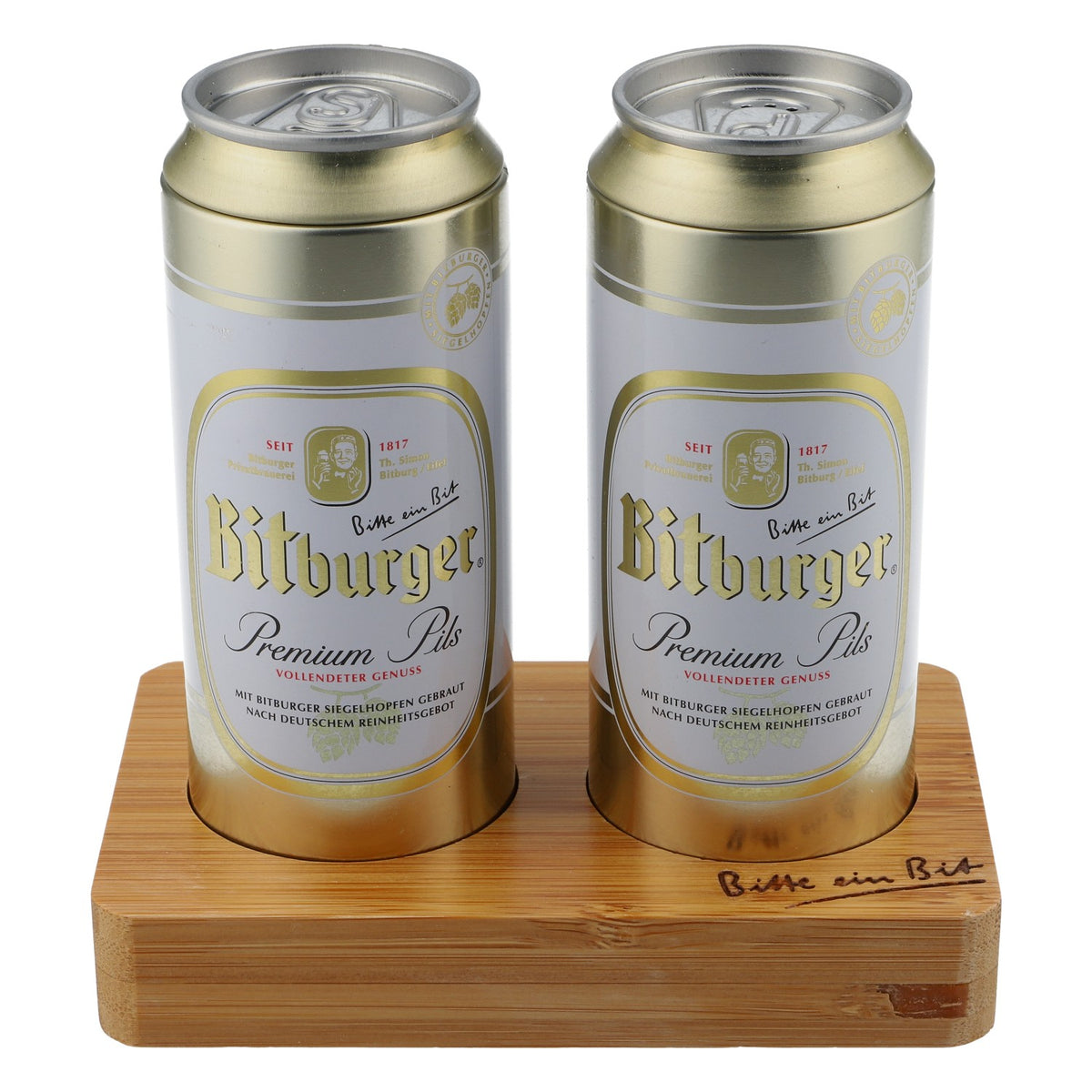 Bitburger beer salt and pepper shakers as beer cans on a bamboo tray – View 2