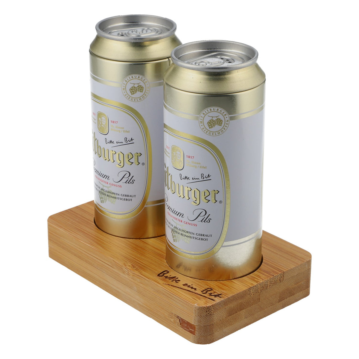 Bitburger beer salt and pepper shakers as beer cans on a bamboo tray – View 3