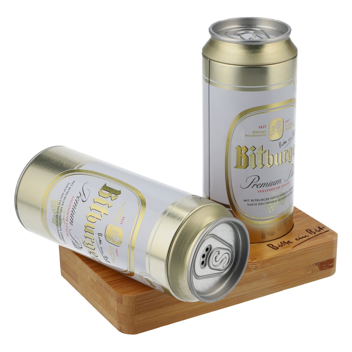Bitburger beer salt and pepper shakers as beer cans on a bamboo tray – View 4