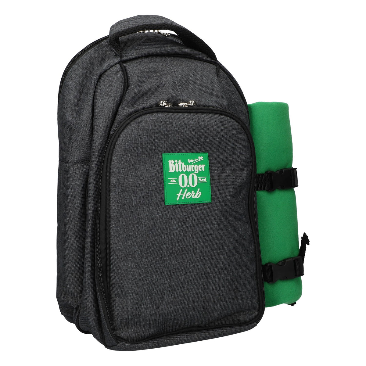 Bitburger Picnic Backpack BBQ Cooler Set with Blanket, Plates, and Cutlery (Gray)