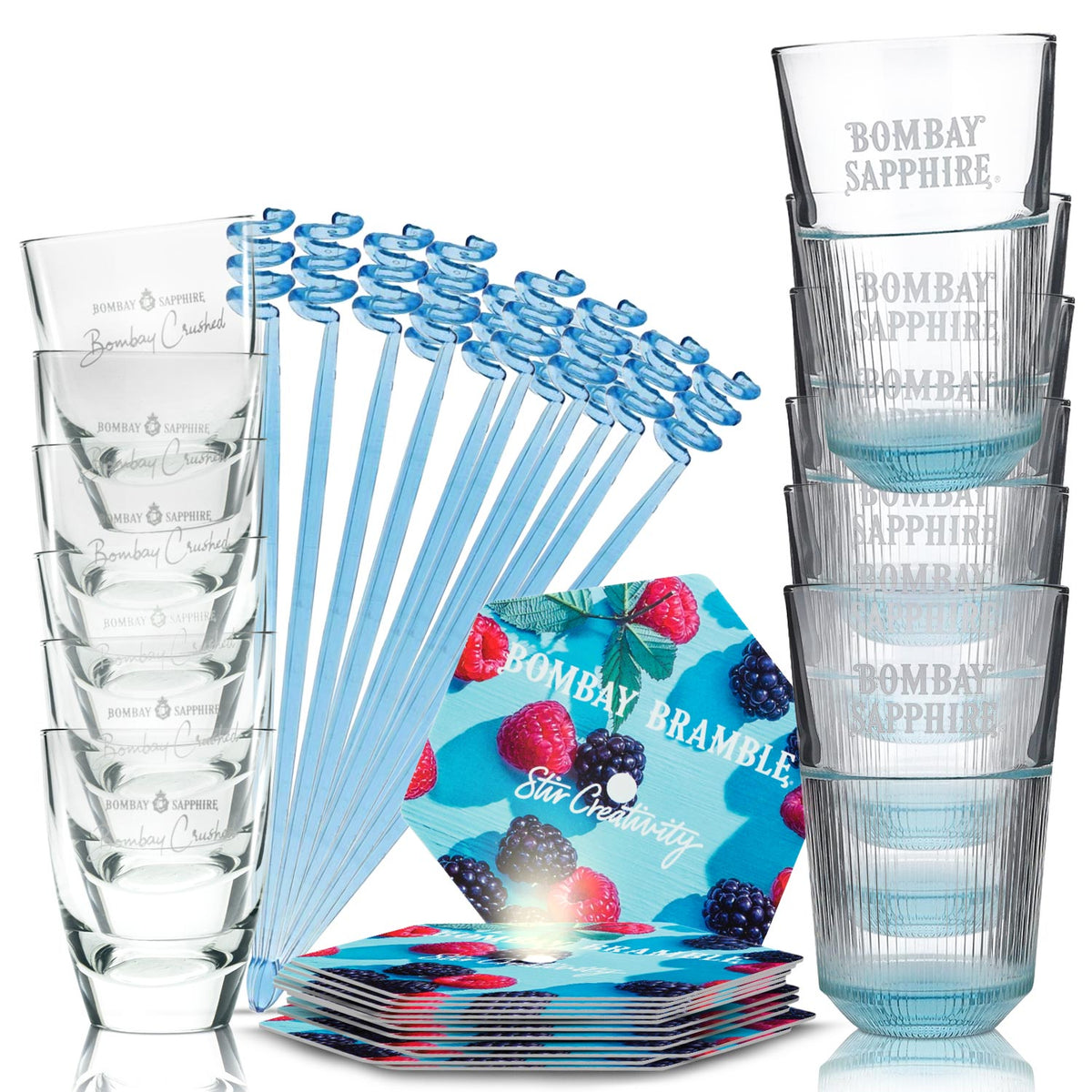 Bombay Sapphire Bar Bundle Set II consisting of LD glasses, tumblers, stirrers, and coasters