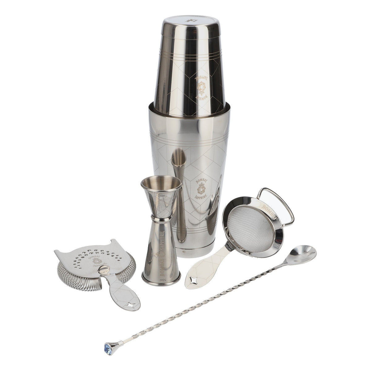 Bombay Sapphire Gin Set, 6 pieces, Bonzer Barware Shaker + Measuring Cup + Stirrer + Strainer + Bar Spoon + Elyx Stainless Steel New