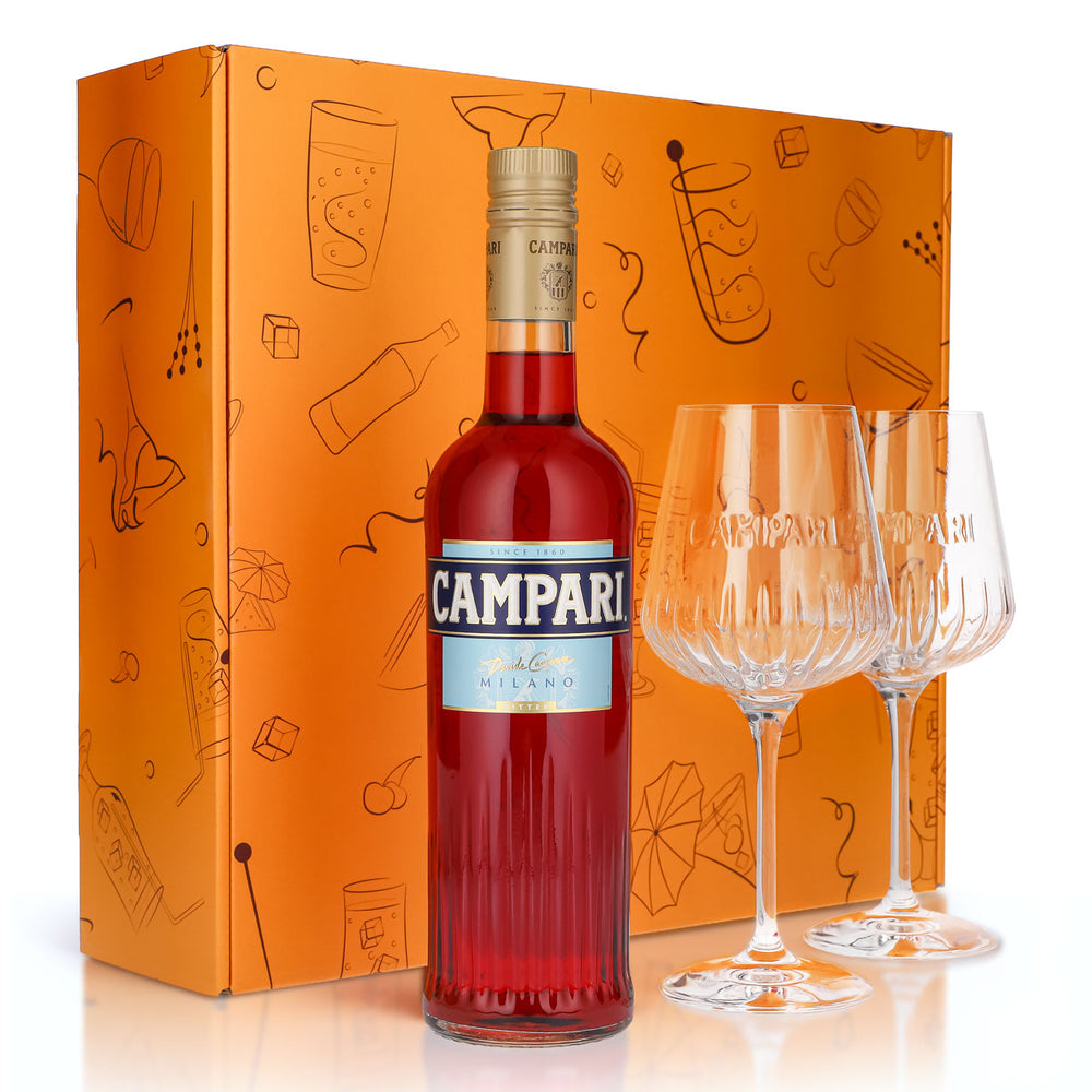 Campari Likör Geschenkset 0,7l Flasche 25 % Vol. + Spritz Gläser Milano–orange