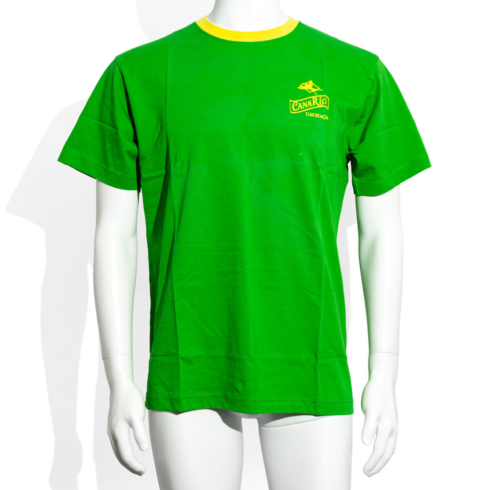 Canario Cachaca T-shirt for men, plain green, round neckline, yellow trim, size M