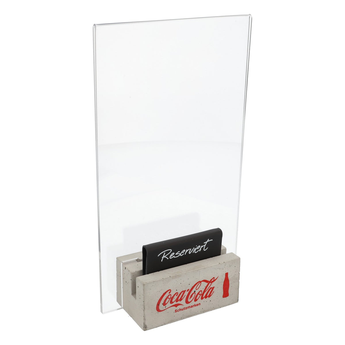 Coca Cola soft drink table display card holder, large, concrete block + "Reserved" sign
