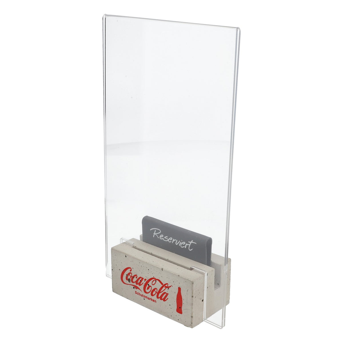 Coca Cola soft drink table display card holder, large, concrete block + "Reserved" sign – View 3