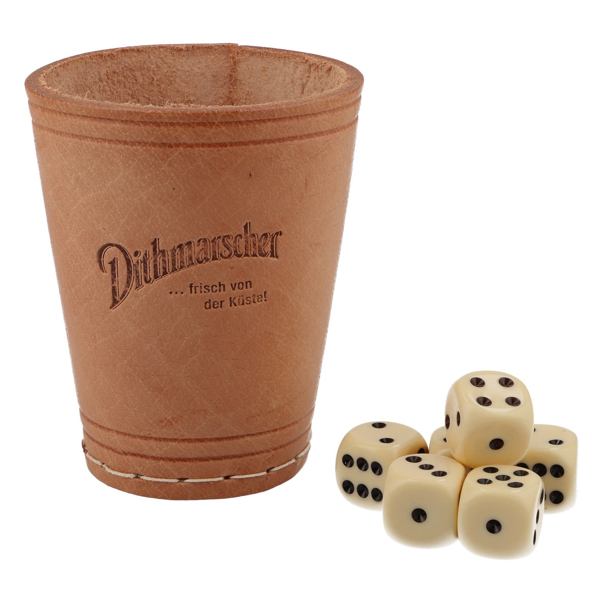 Dithmarscher beer dice cup with 6 dice, party game, genuine leather