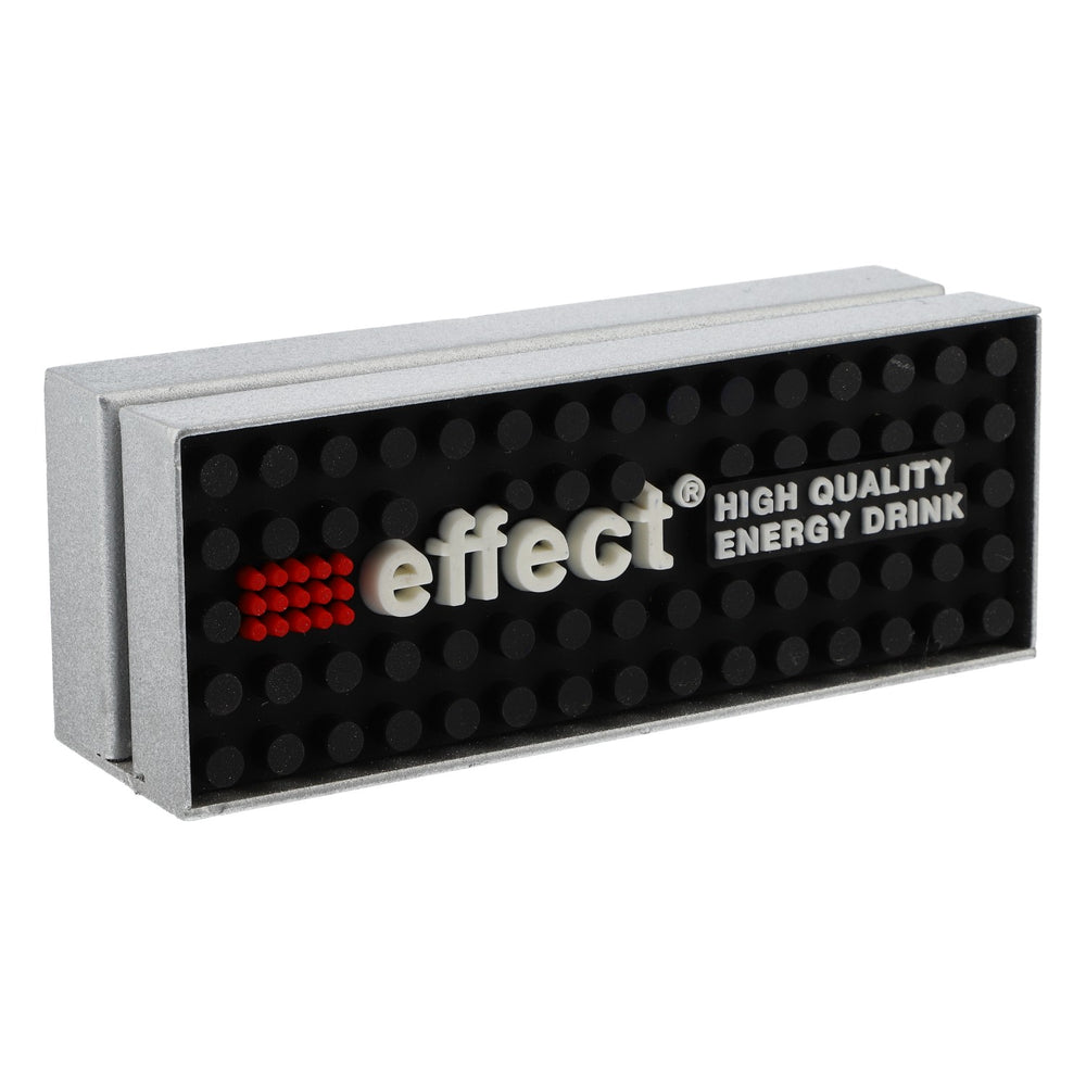 Effect Energy table display, silver menu card holder with black lettering