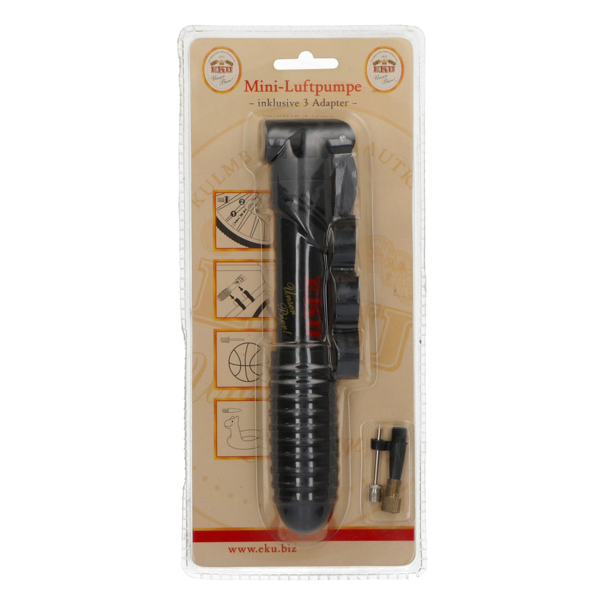 Eku Mini Air Pump, Black, for Bicycles and Leisure, Includes 3 Adapters