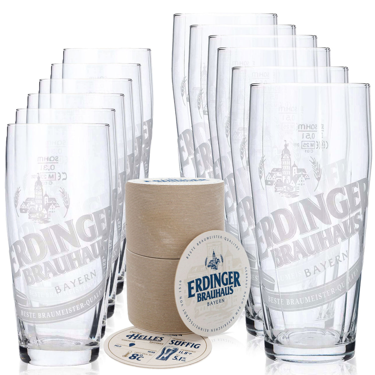 Erdinger Beer Bar Bundle Set II consisting of 12 beer glasses (0.5 l/0.3 l) and 100 beer coasters