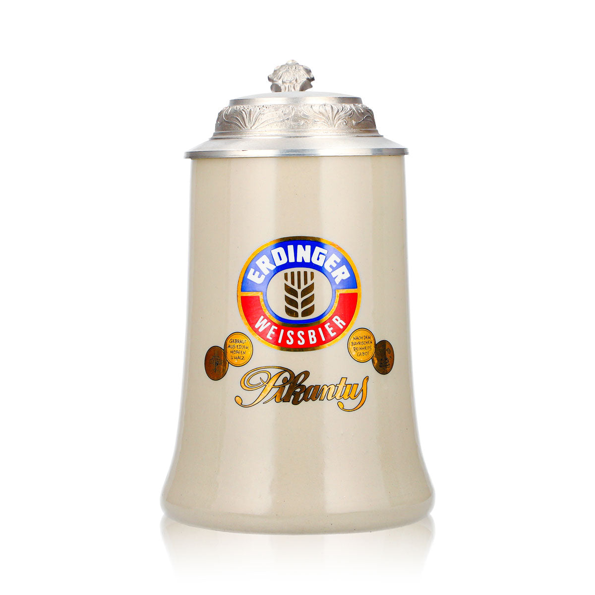 Erdinger Weissbräu Beer Glass Clay Mug, 0.5 L, with Pewter Lid, Pikantus Clay Cream
