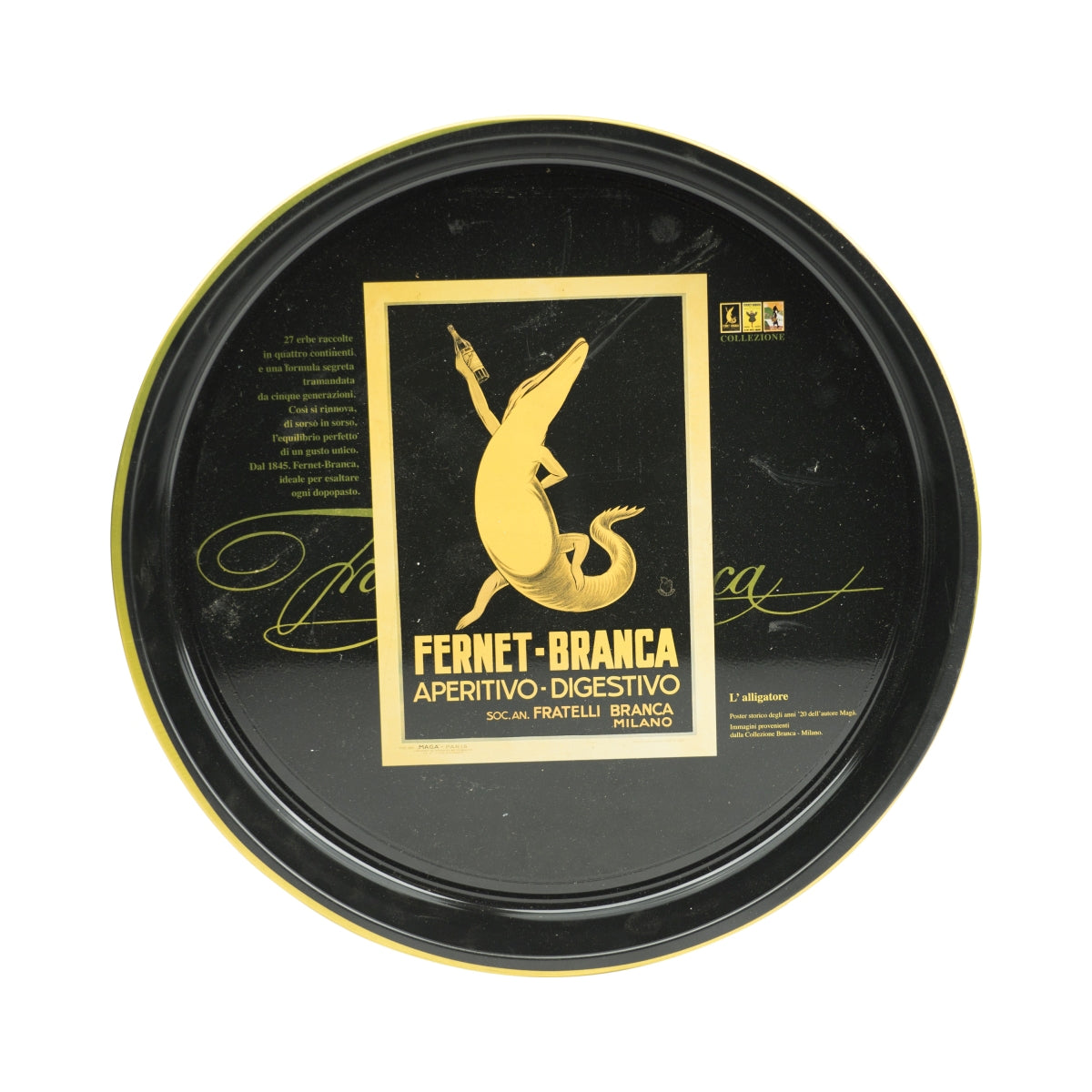 Fernet Branca liqueur tray, metal glasses, serving tray, catering waiter, black
