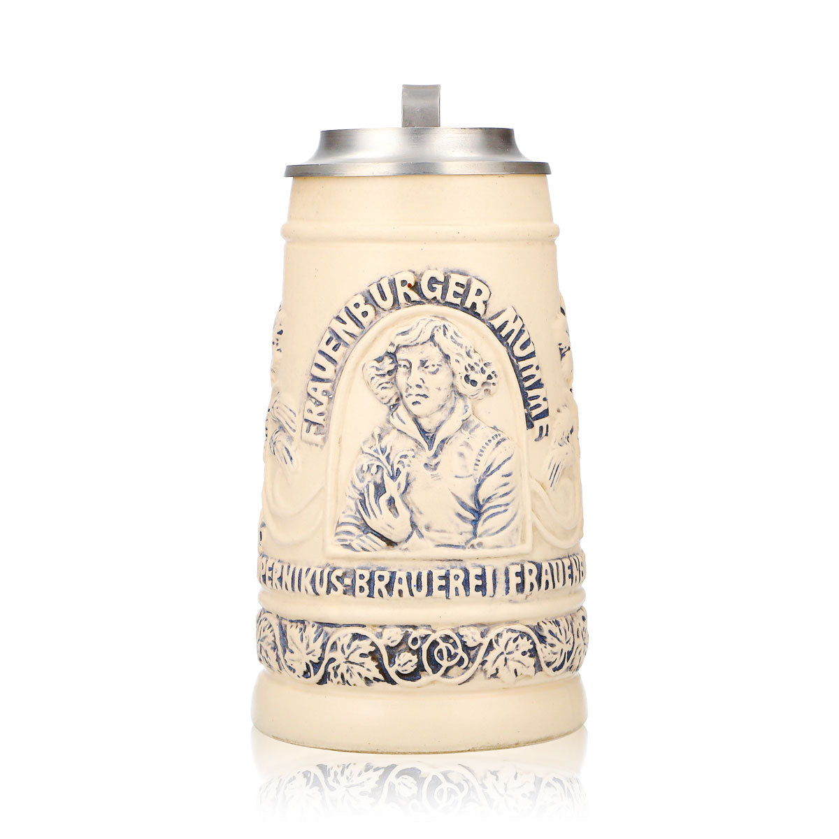 Frauenburg "Mumme" Beer Glass Clay Jug, 0.74 L, with Pewter Lid and Copernicus Relief