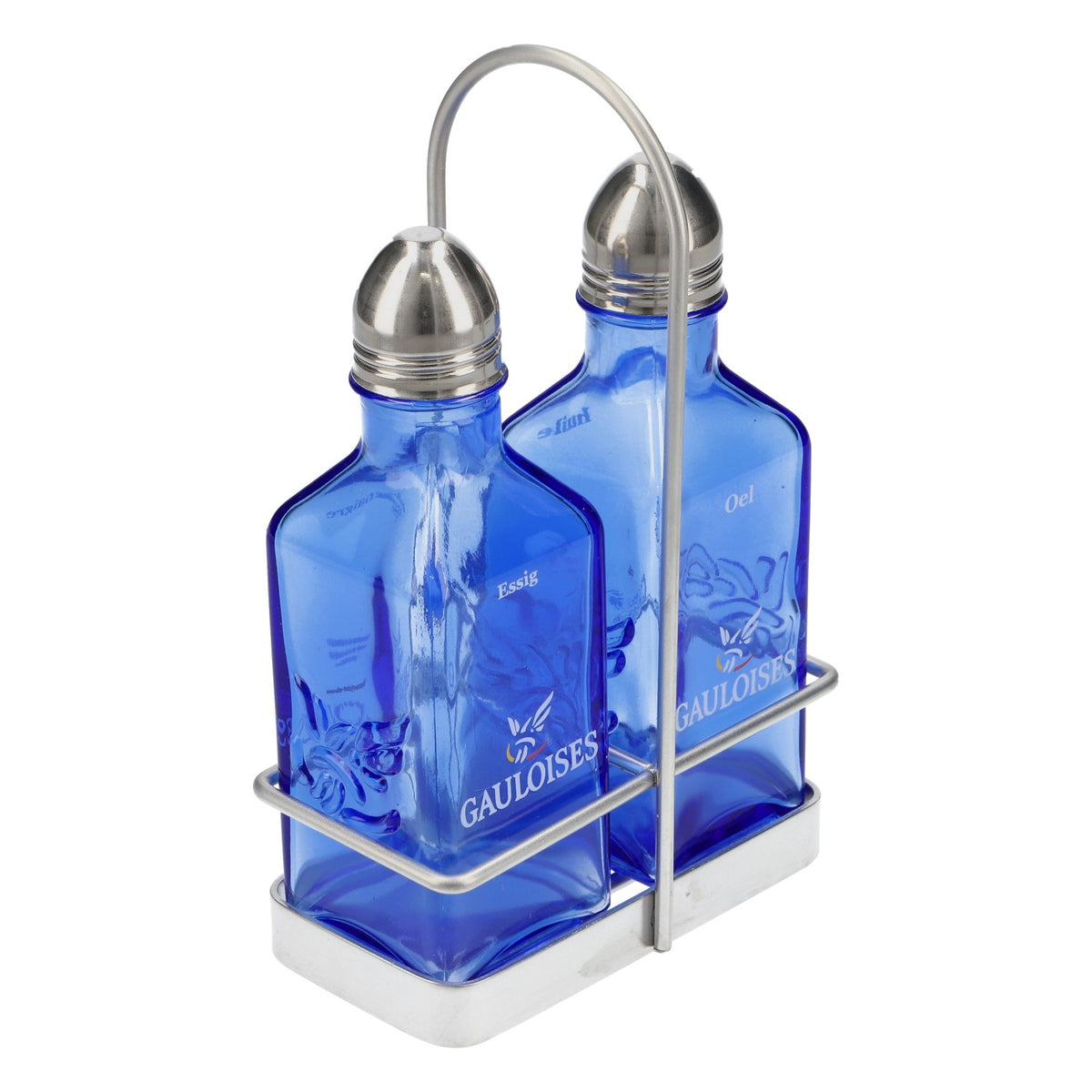 Gauloises Cigarettes Glass Oil and Vinegar Bottle Set Menagenset Blue – View 3