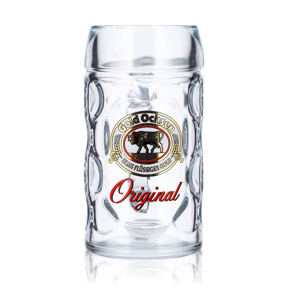 Gold Ochsen Beer Glass, 0.5 L Mug, White with Gold Logo