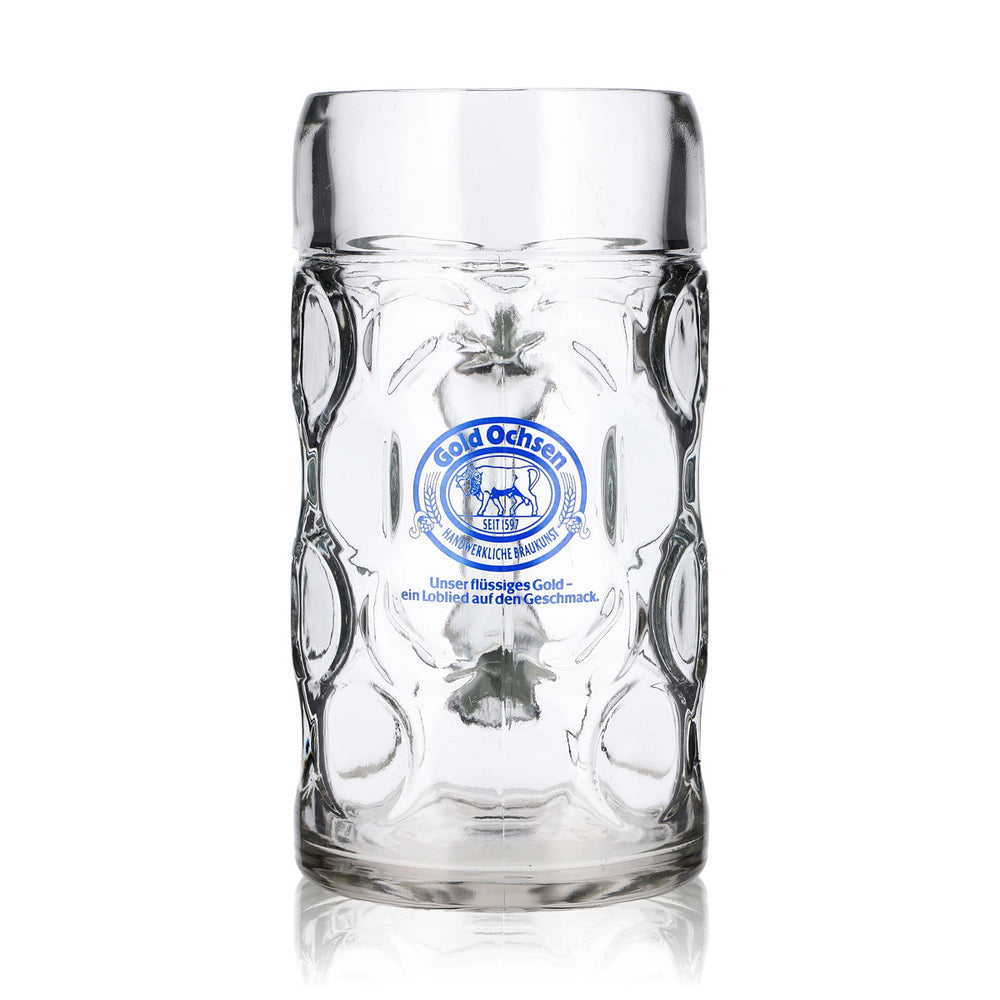Gold Ochsen Beer Glass, 1-Liter Jug, Blue Logo