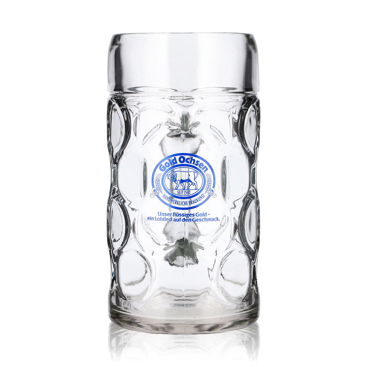 Gold Ochsen Beer Glass, 1-Liter Jug, Blue Logo