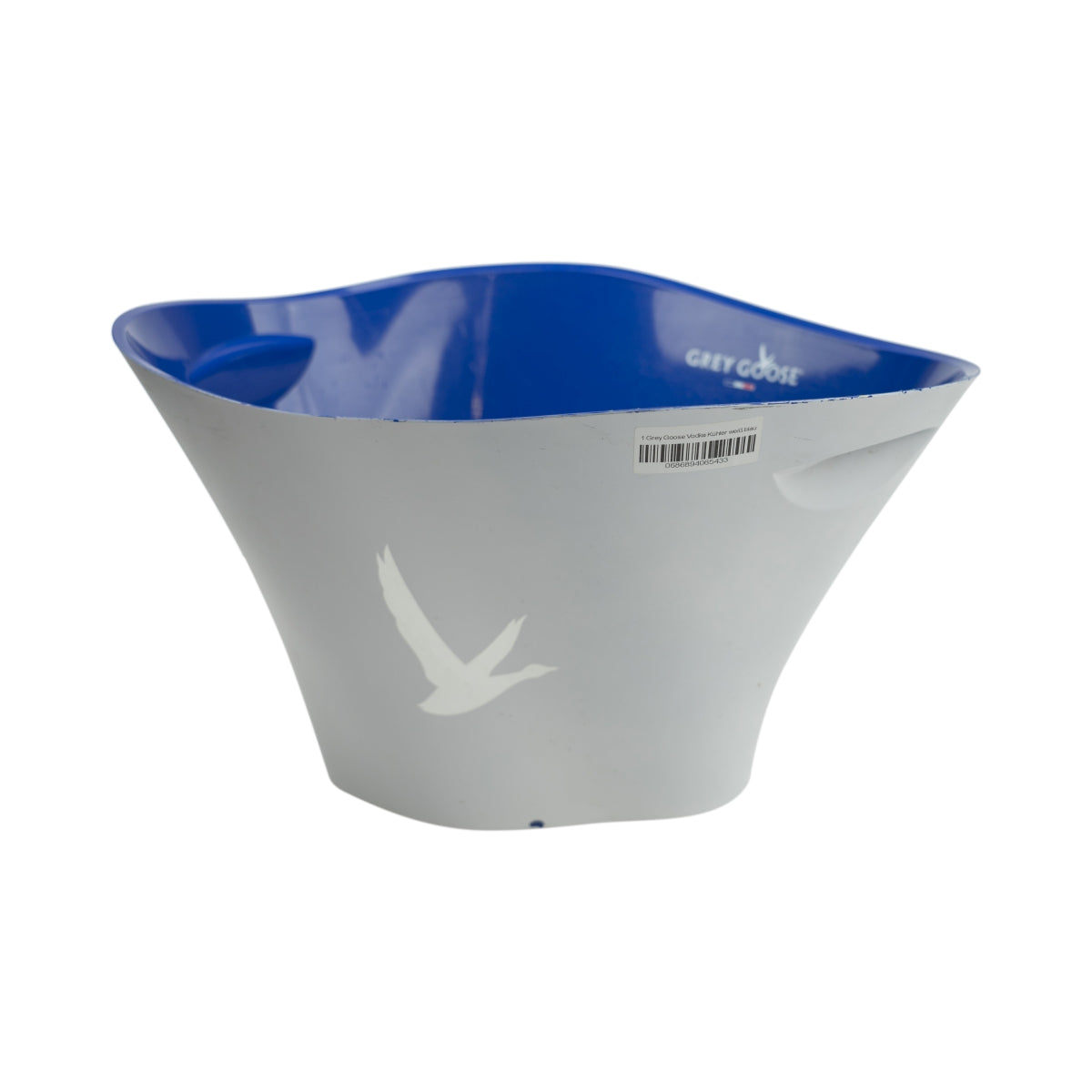 Grey Goose Vodka cooler, white and blue, magnum, used, ice box, bottles, ice cubes, bar ice