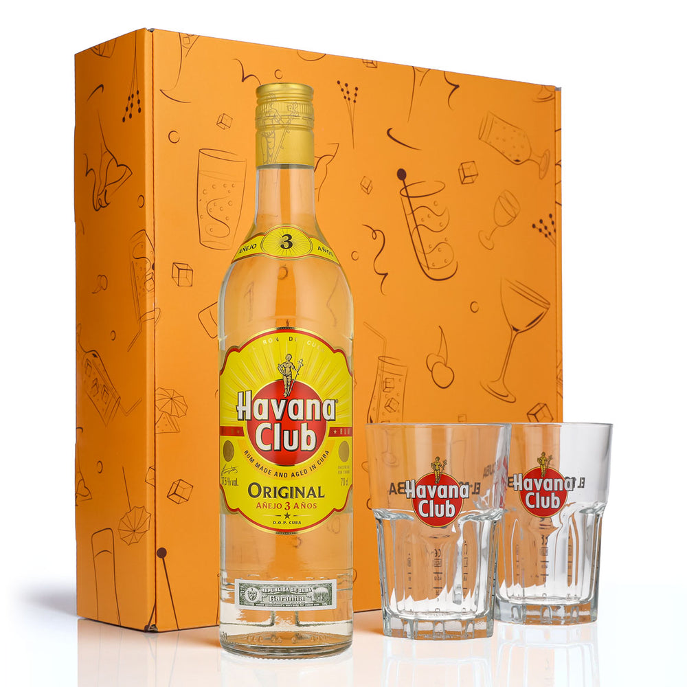 Havana Club Geschenkset 0,7l Flasche 37,5 % Vol. + Longdrink Gläser–orange