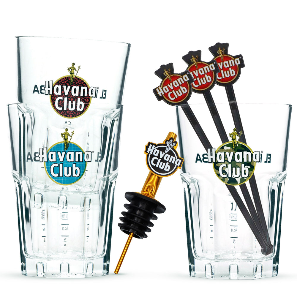 Havana Club Rum Bar Bundle Set I consisting of 3 glasses, 3 stirrers, and a pourer