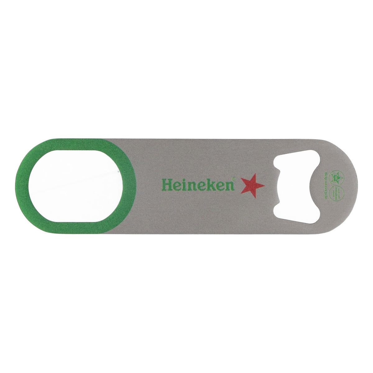 Heineken beer bottle opener, cap lifter, bar accessory, green, elongated opening – View 3