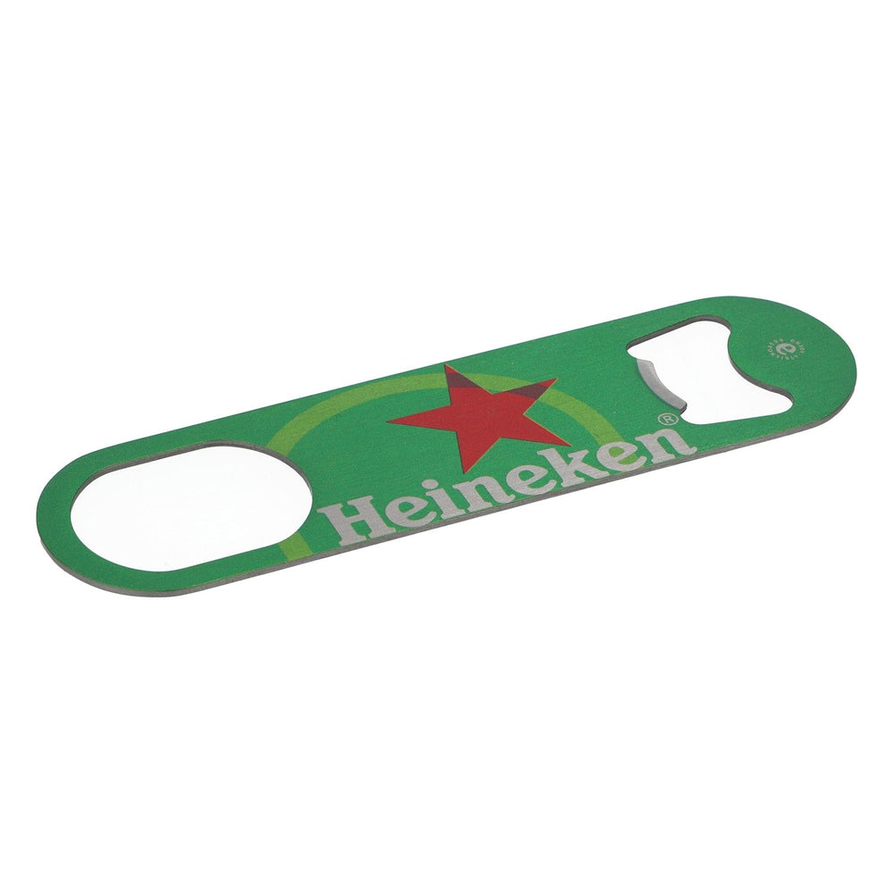 Heineken beer bottle opener, cap lifter, bar accessory, green, elongated opening