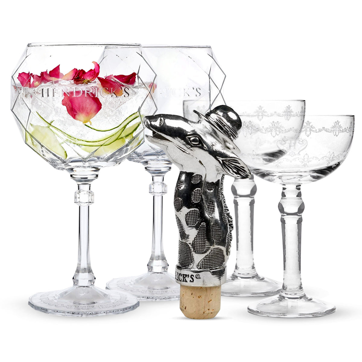 Hendricks Gin Bar Bundle Set I consisting of 2x balloon glasses, 2x goblets, metal pourer