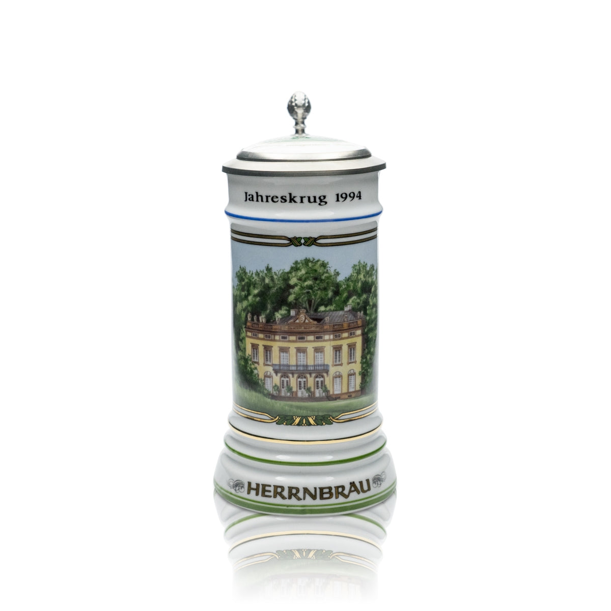 Herrnbräu beer mug glass 0.5 l Seidel tankard Annual mug 1994 pewter lid certificate