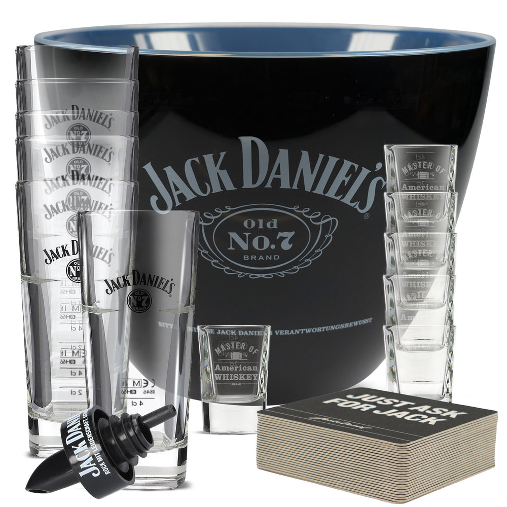 Jack Daniels Bar Bundle Set II consisting of 6 long drink glasses, 6 shot glasses, pourer, cooler