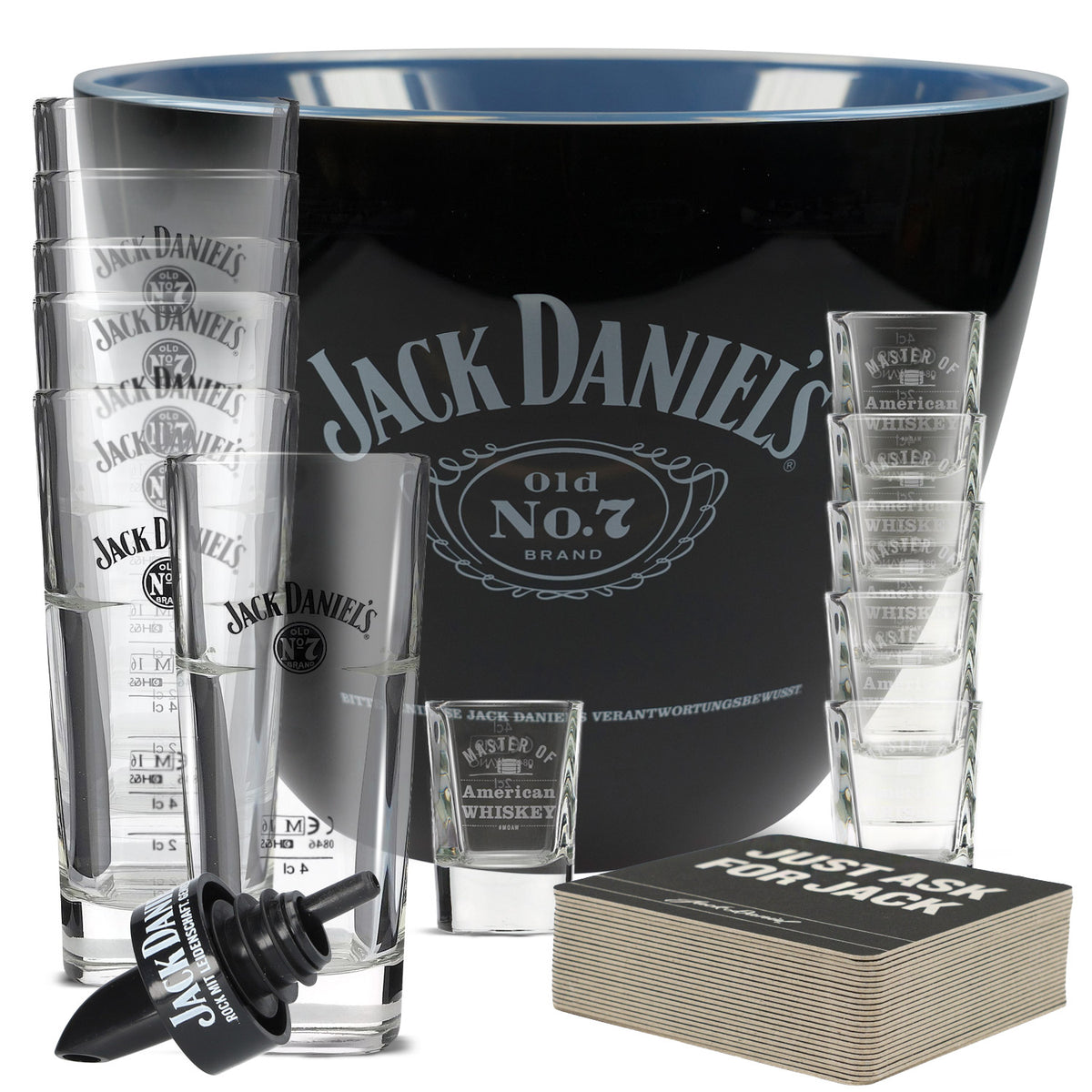 Jack Daniels Bar Bundle Set II consisting of 6 long drink glasses, 6 shot glasses, pourer, cooler
