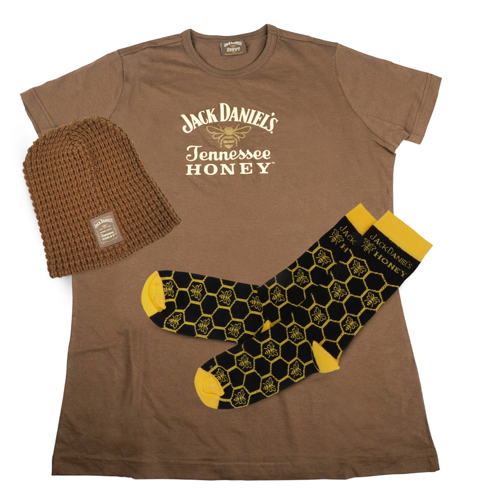 Jack Daniels Fan Bundle Set II consisting of honey wool hat, fan T-shirt, and socks
