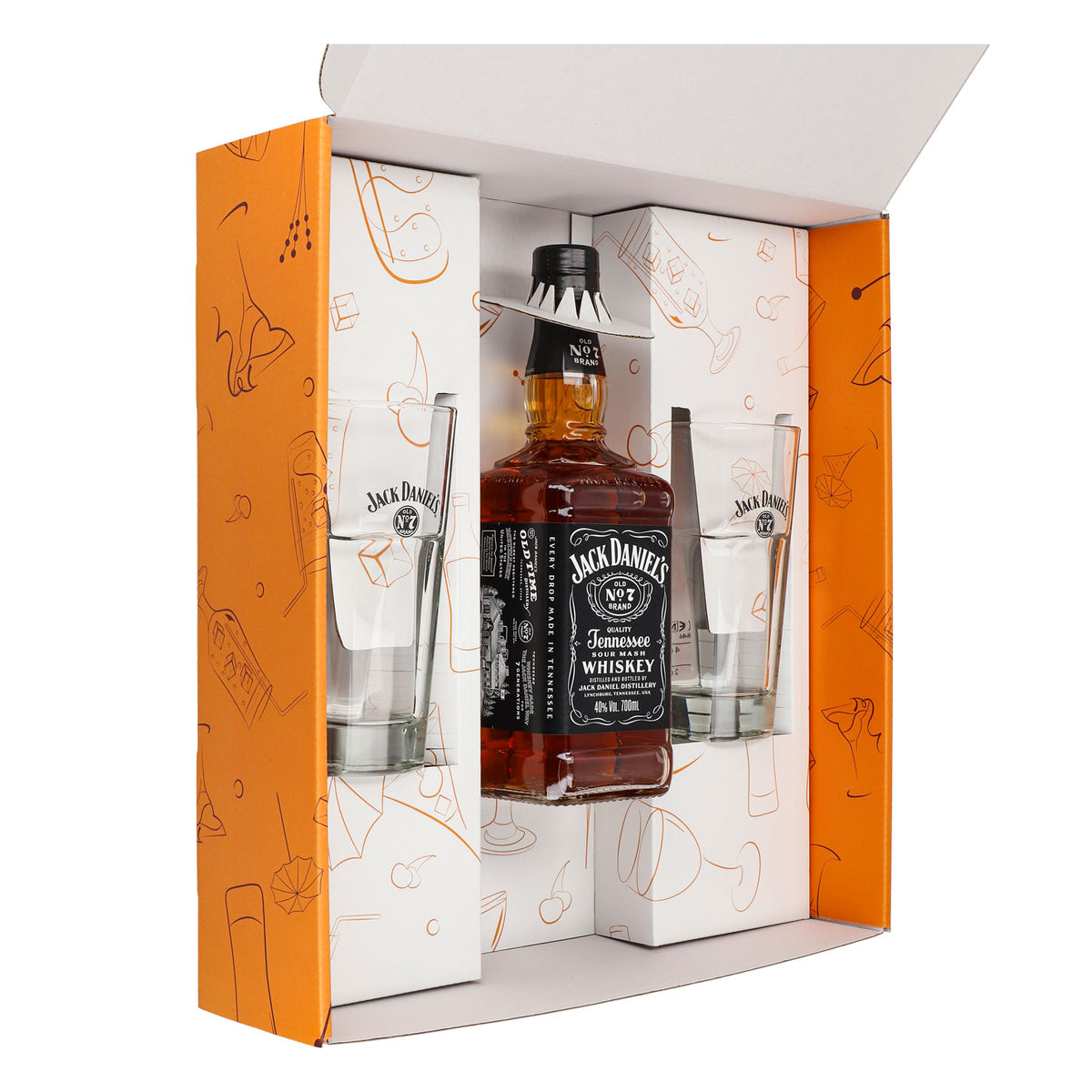 Jack Daniels Geschenkset 0,7l Flasche 40,0 % Vol. + Longdrinkgläser stapelbar–Orange – Ansicht 2