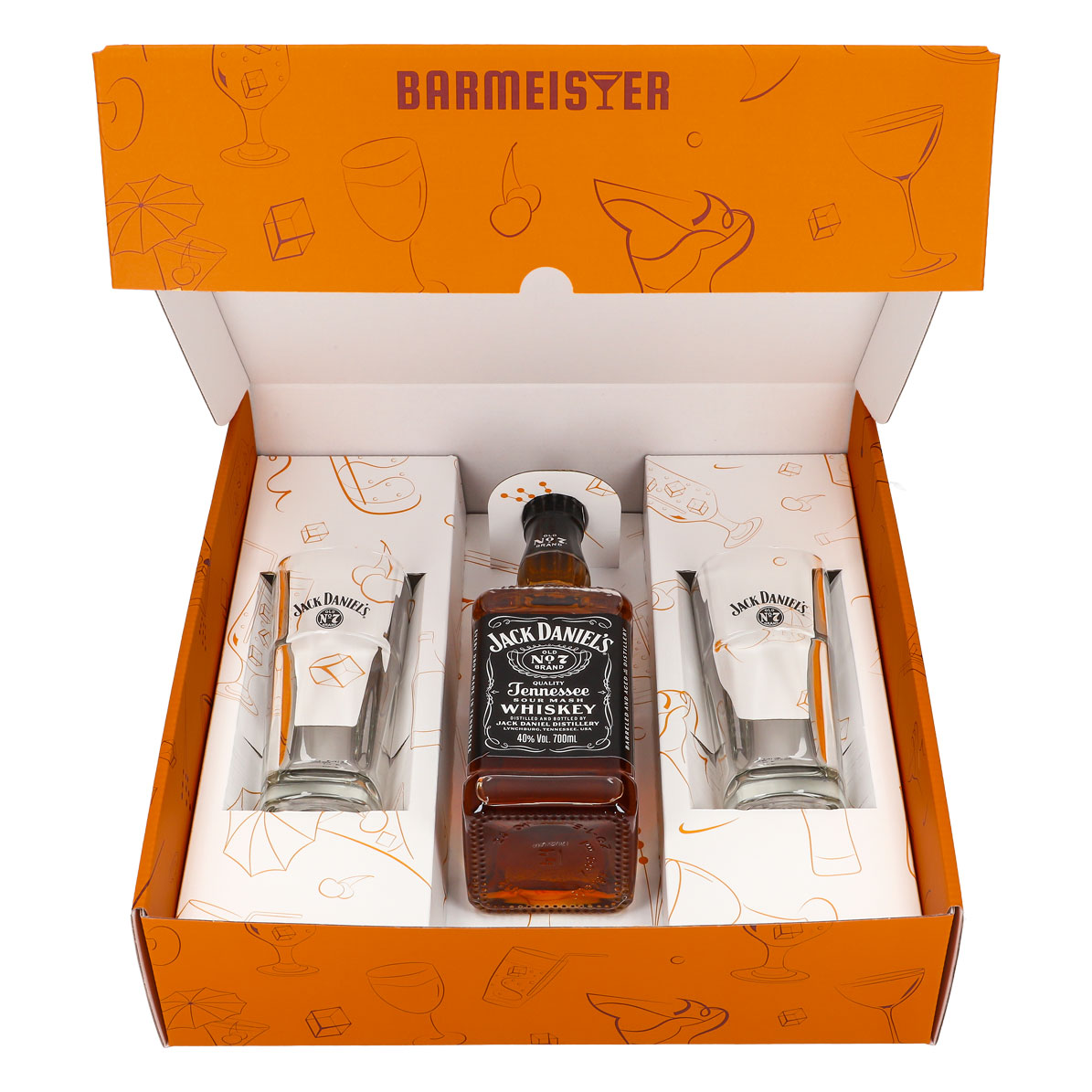 Jack Daniels Geschenkset 0,7l Flasche 40,0 % Vol. + Longdrinkgläser stapelbar–Orange – Ansicht 3