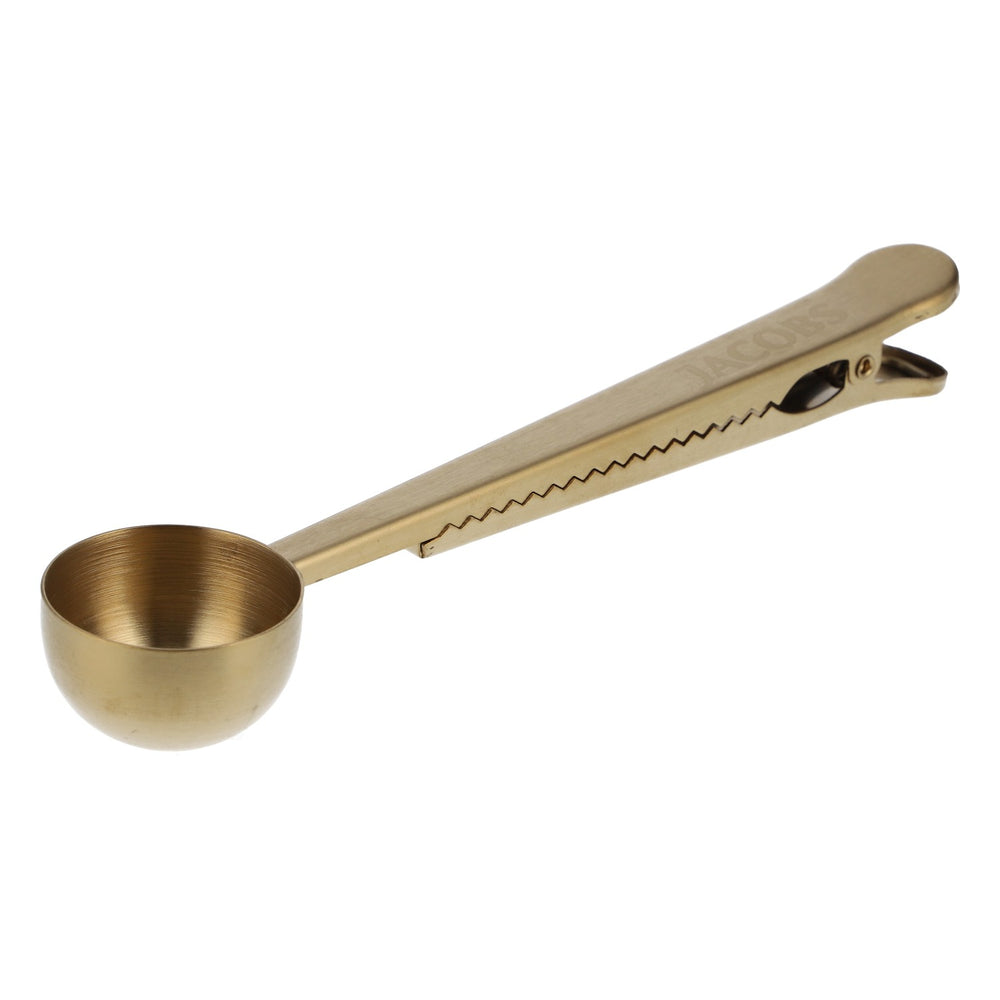 Jacobs Coffee Scoop: Gold Metal Measuring Spoon with Clip and Bag Closure