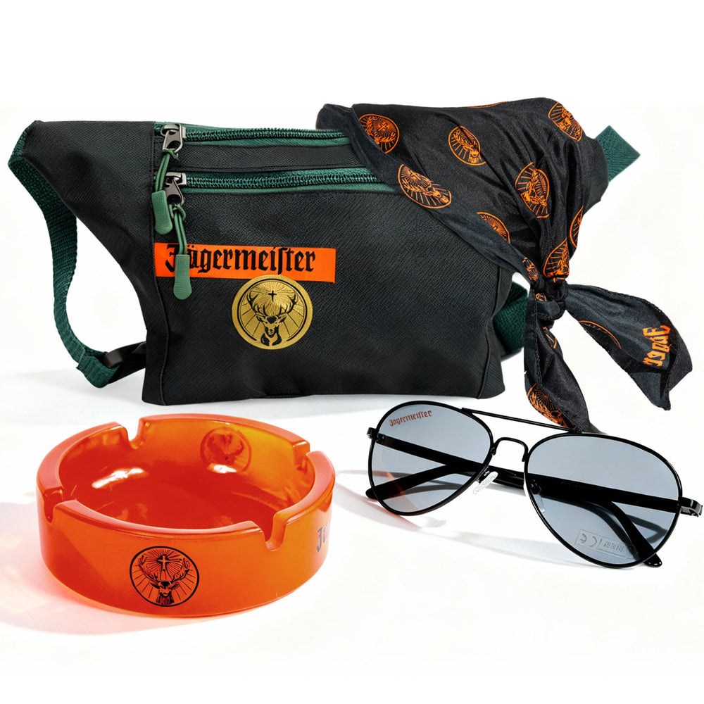 Jägermeister Leisure Bundle Set II consisting of an ashtray, bum bag, glasses, and bandana