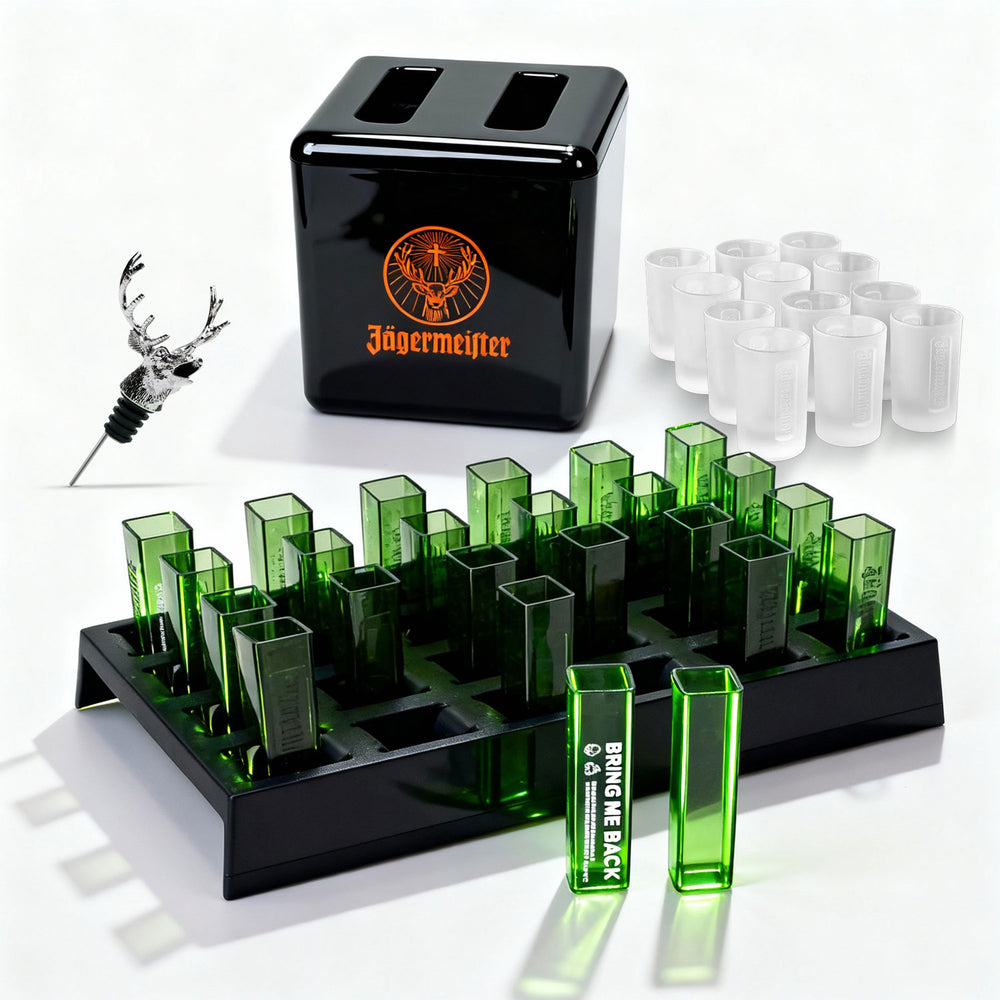 Jägermeister Party Bundle Set of 24 shot glasses, 12 shot glass pourers, cooler