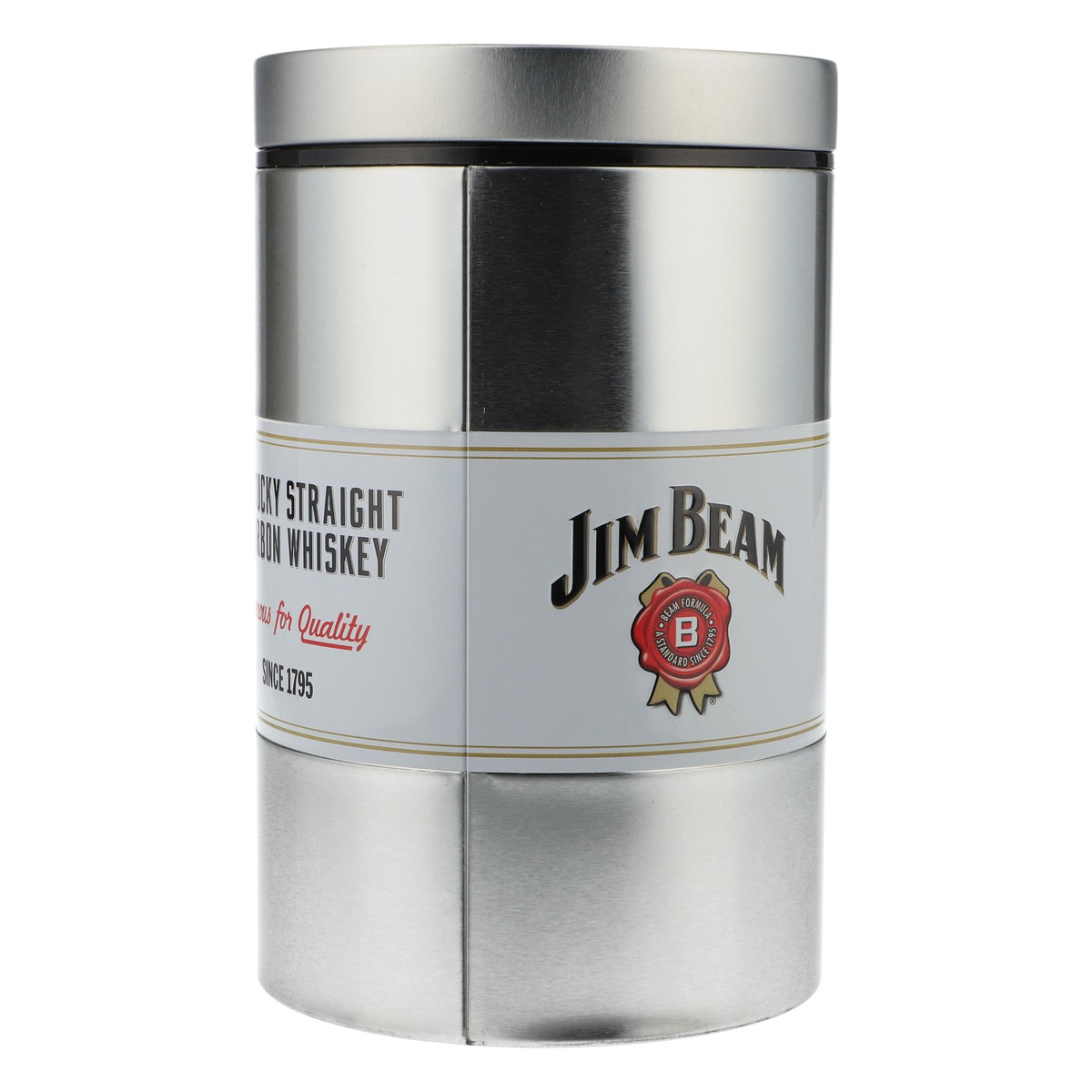 Jim Beam Whiskey Bottle Cooler Bottle Box Can Silver Round – View 4