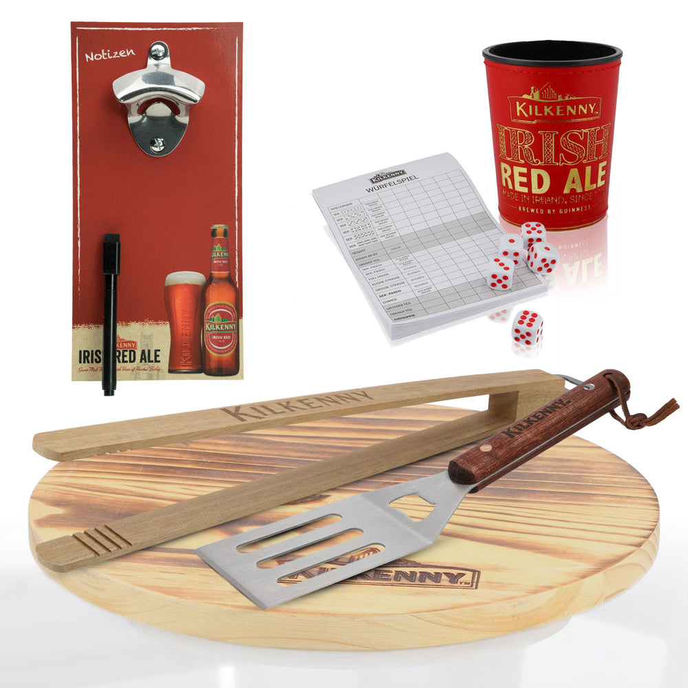 Kilkenny Beer Leisure Bundle Set consisting of bottle opener, wooden board, dice game, BBQ