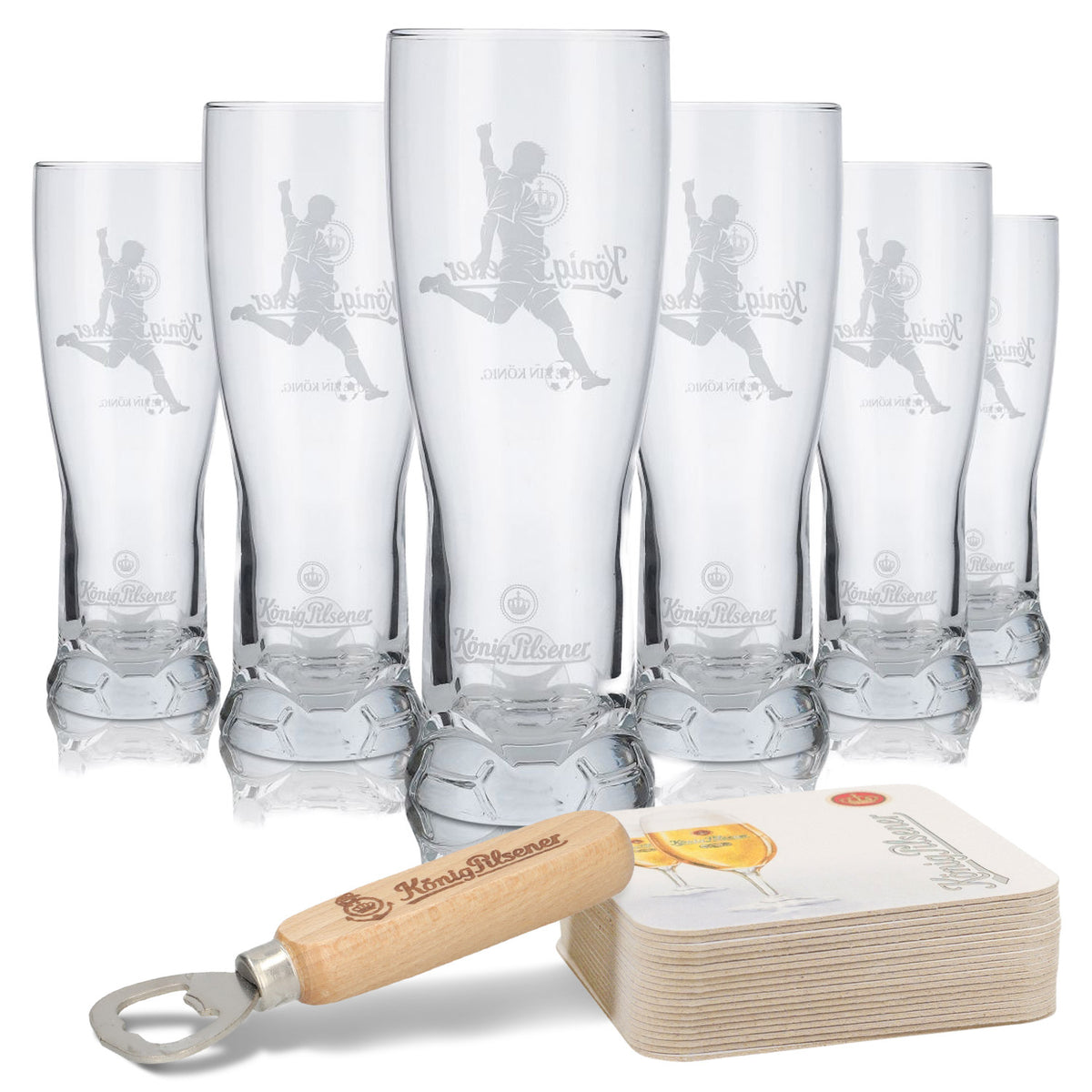 King Pilsener Bundle Bar Set II consisting of 6 beer glasses, 120 beer coasters, and 1 bottle opener