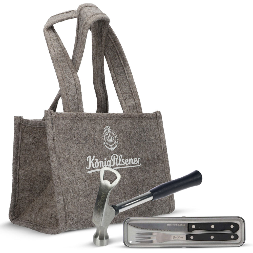 King Pilsener Bundle Fan Set II consisting of 1x barbecue utensils, 1x bag, 1x hammer