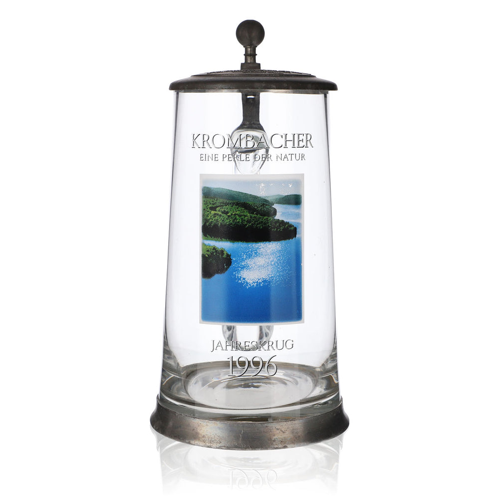 Krombacher beer glass, 1996 annual mug, glass, glasses, tankard, pewter lid, 0.9 l