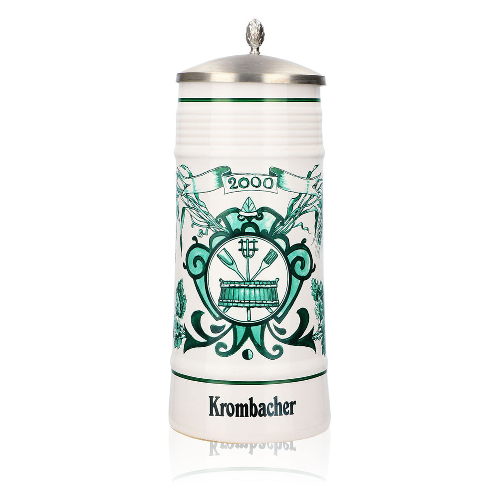 Krombacher beer glass, 2000 annual mug, stoneware mug, Seidel pewter lid, 0.8 l mug