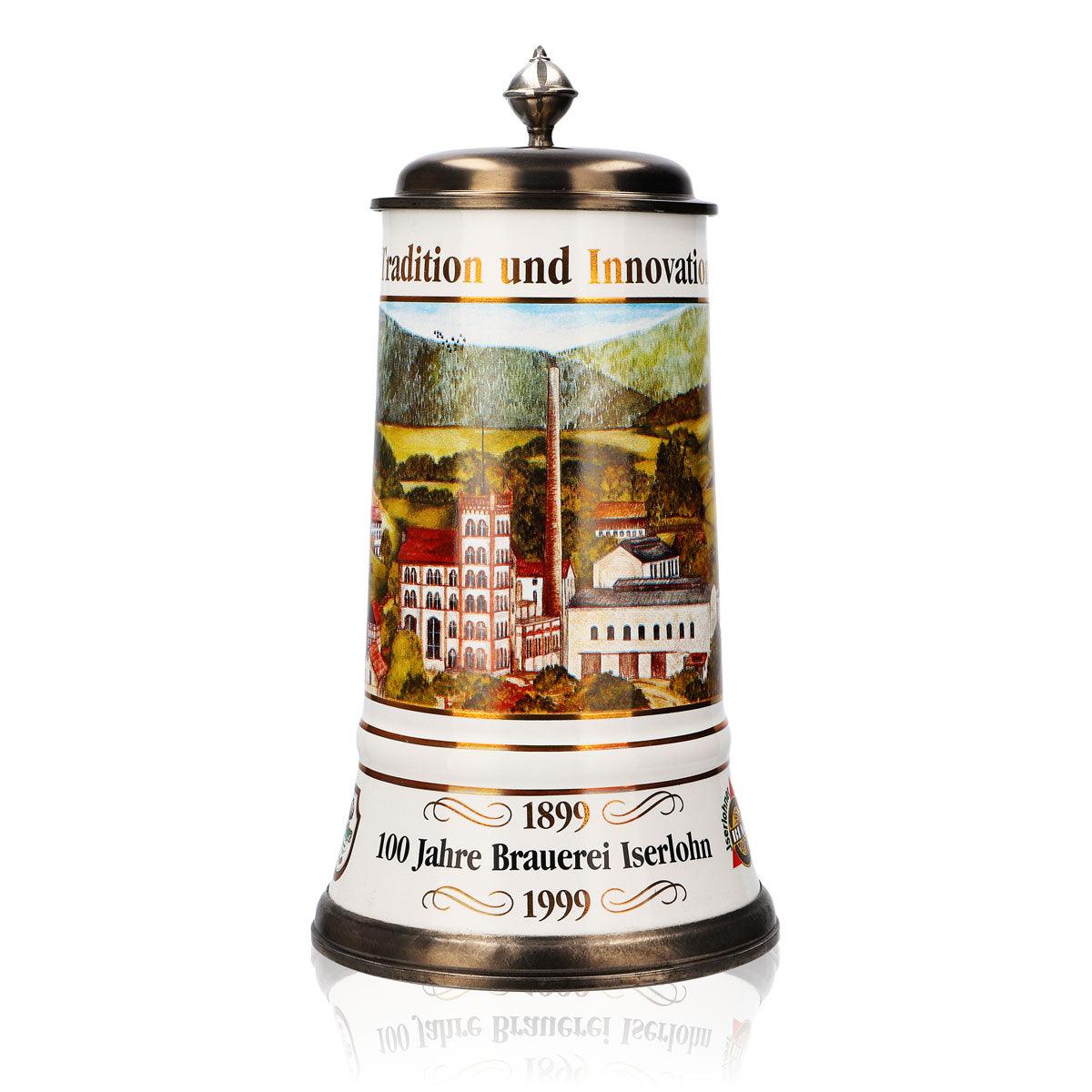 Krombacher beer glass stoneware mug with pewter lid, 1.09 l, "100 Years" mug