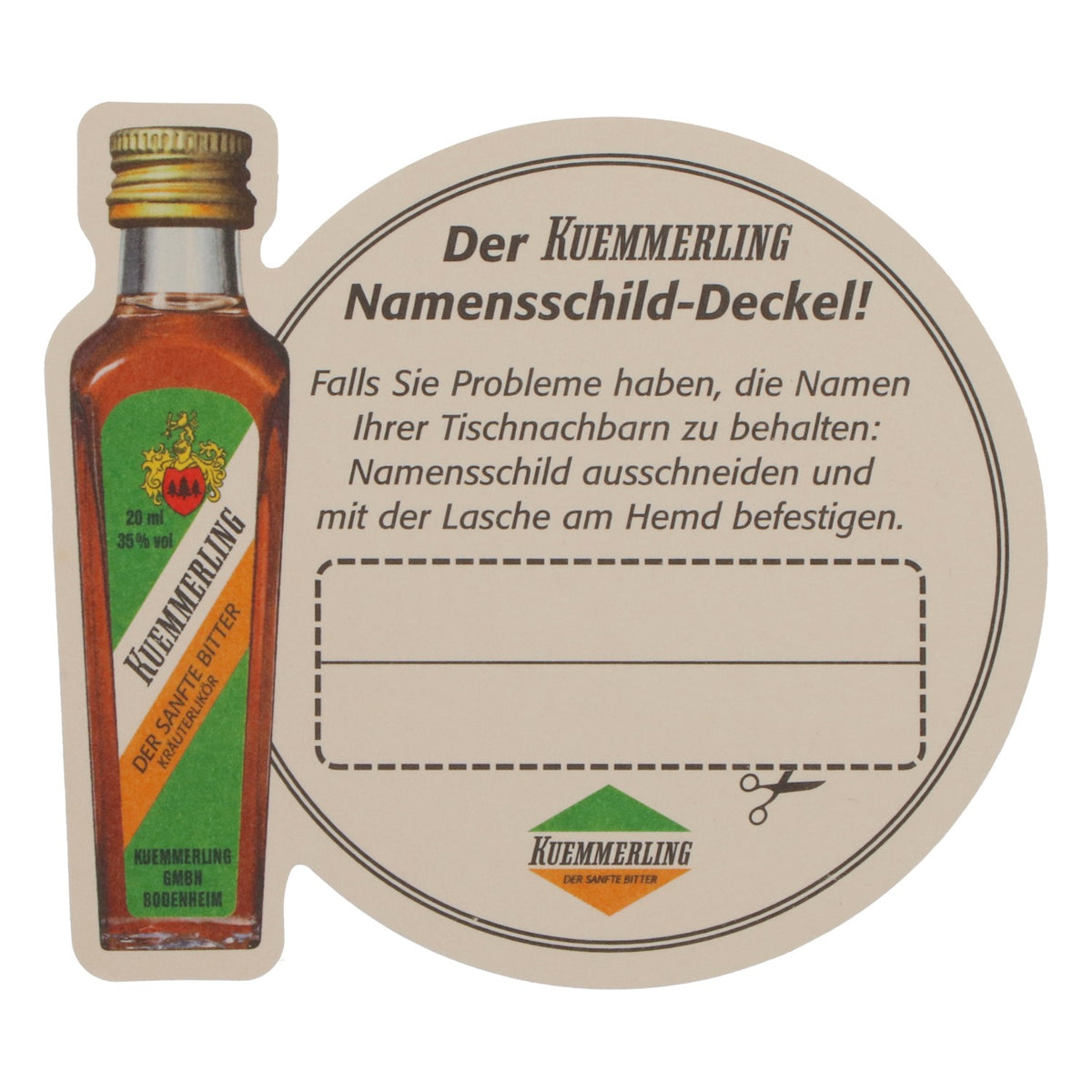 Kümmerling liqueur beer mat coaster name tag lid