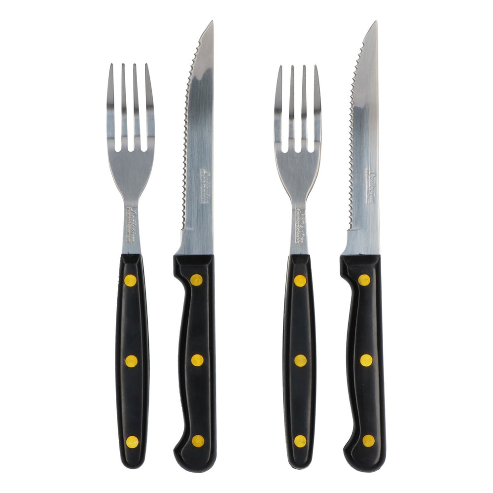 Leikeim BBQ Cutlery Set: 2 Knives, 2 Forks, Gold Rivets, Stainless Steel