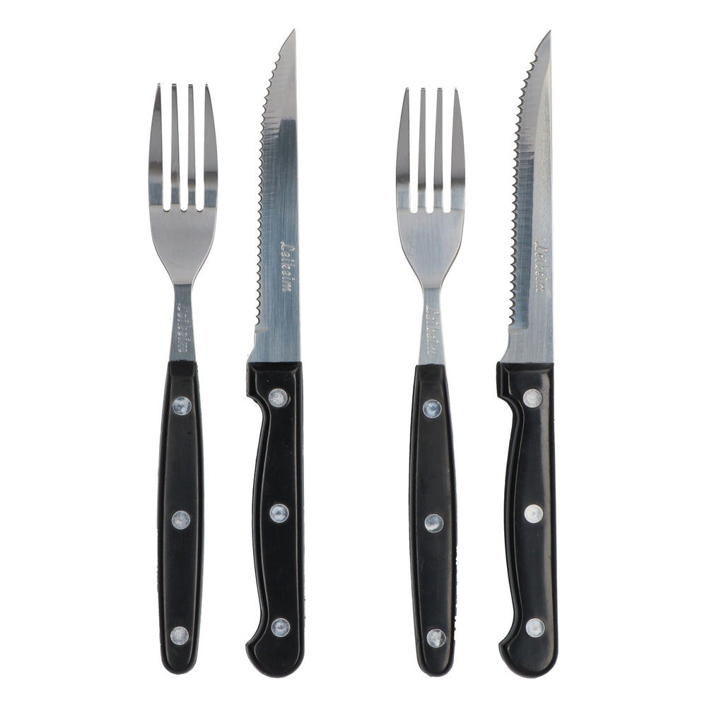 Leikeim 4-Piece Steak Cutlery Set: Knife, Fork, Black, Barbecue Cutlery