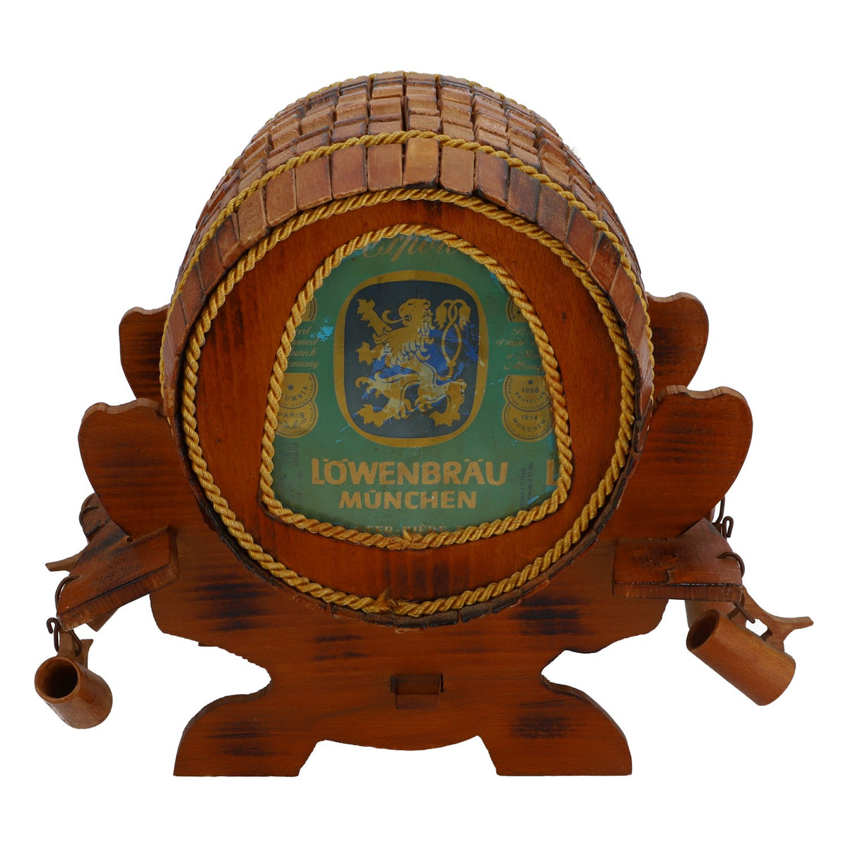 Löwenbräu beer decorative barrel Weissbier Real wood handmade decorative barrel on stand – View 2