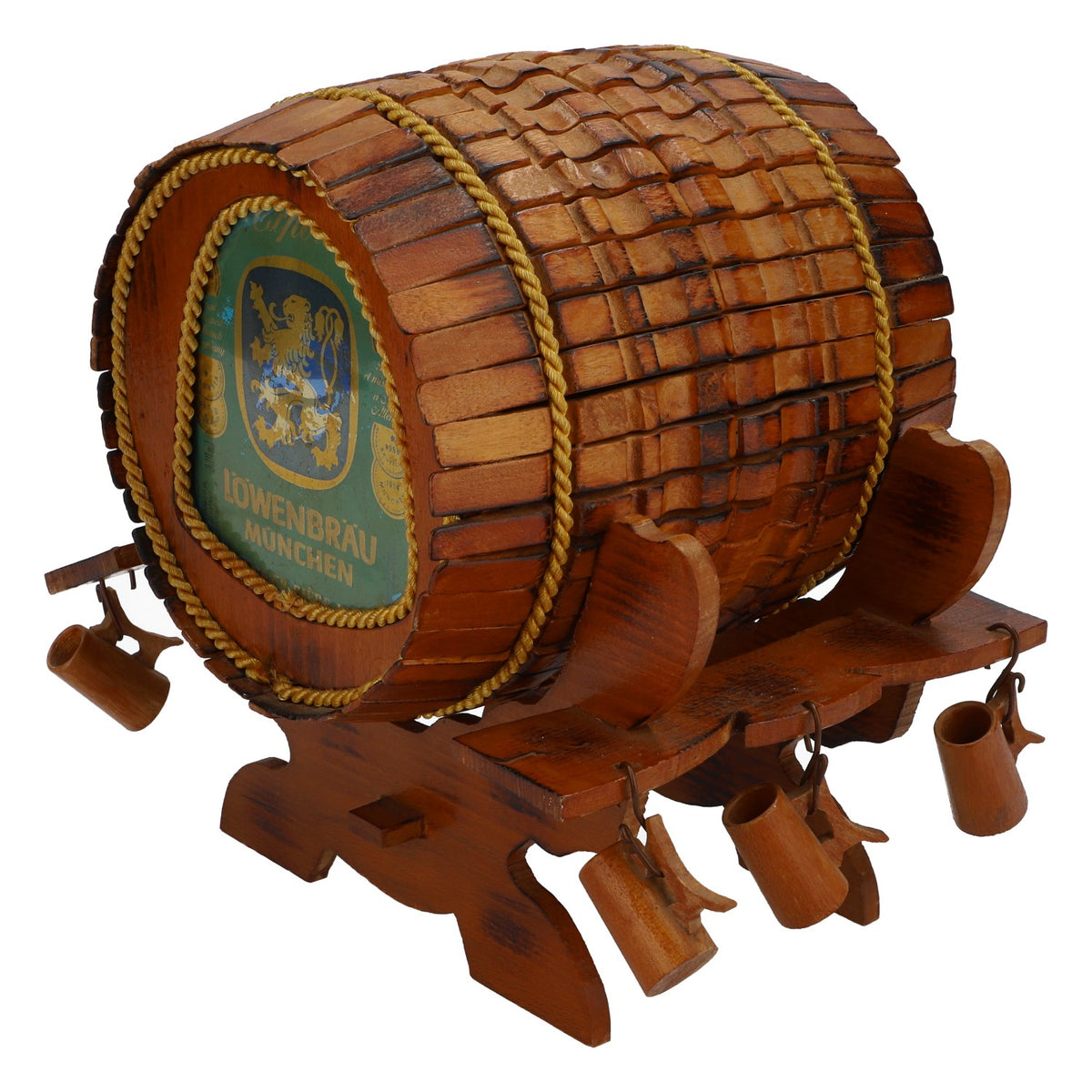 Löwenbräu beer decorative barrel Weissbier Real wood handmade decorative barrel on stand – View 5