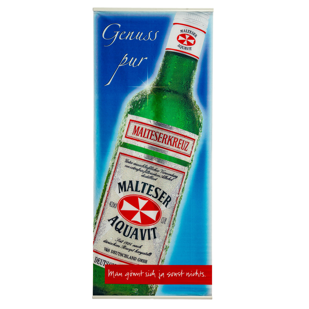 Maltese Glass Mixed-Fabric Akvavit Vertical Banner, White Version, "Pure Enjoyment"